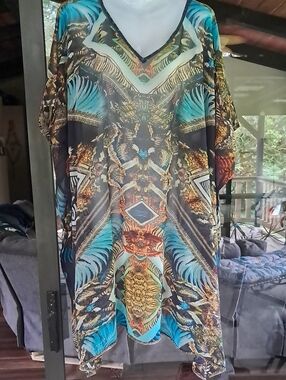 Vibrant Turquoise & Gold Abstract Printed Caftan